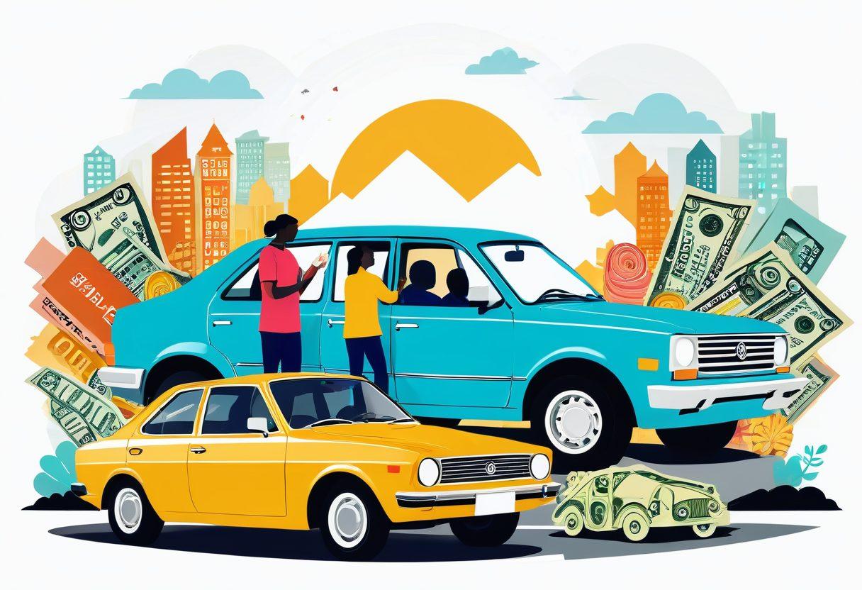 A creative collage showcasing different aspects of car insurance: a happy family with their car, a calculator with insurance quotes, a shield symbolizing protection, and a stack of money representing affordability. The background features a road leading into the horizon, symbolizing journeys and security. The colors should be vibrant and engaging, inviting a sense of trust and optimism. vector art. vibrant colors. white background.