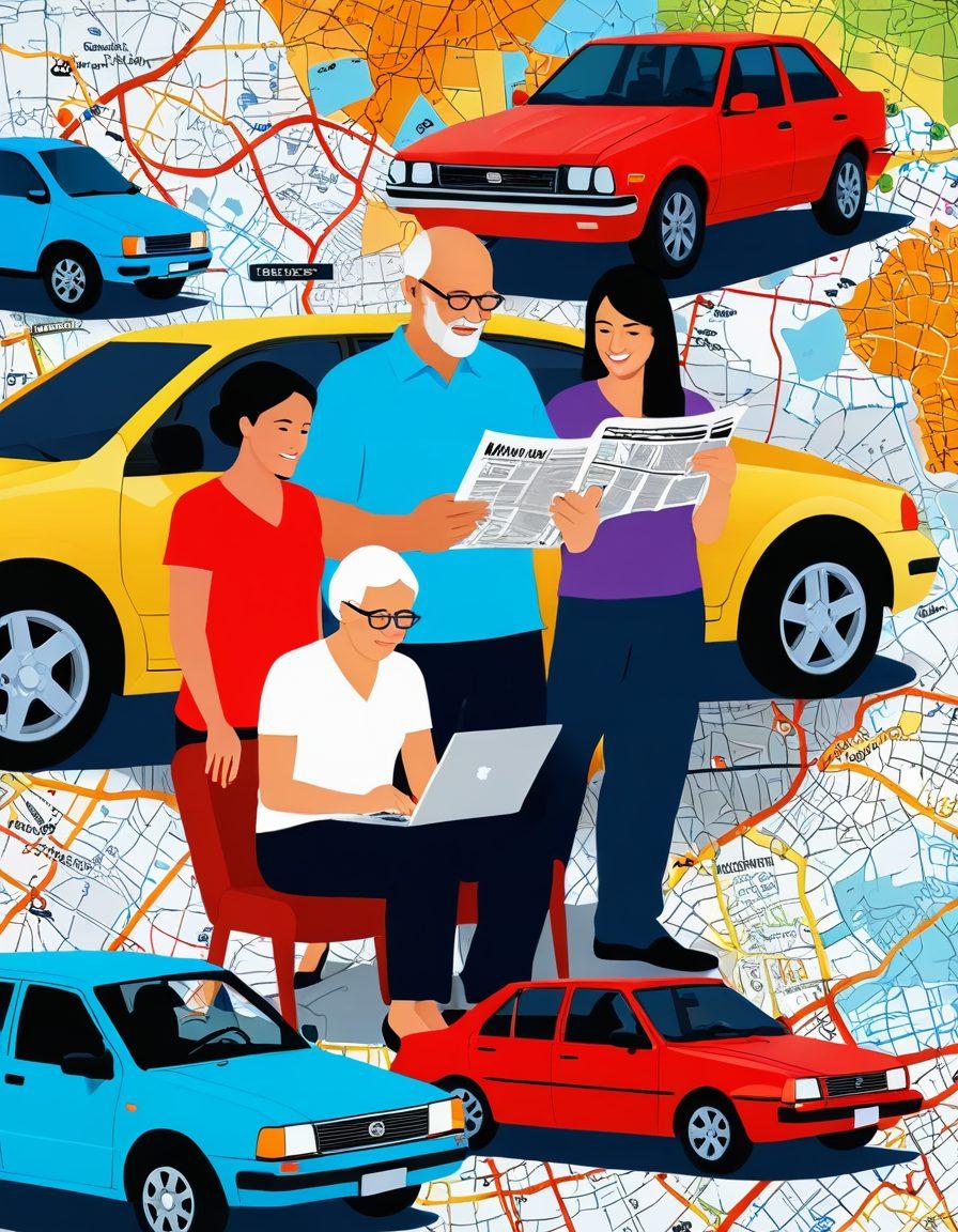 A diverse group of drivers, including a young woman with a laptop, an elderly man reading a newspaper, and a couple with a toddler, gathered around a colorful map featuring various affordable auto insurance options. The background showcases iconic landmarks and cars from various cultures symbolizing global reach. Light and inviting colors make the scene warm and welcoming. Include elements like calculators and insurance papers scattered around. Illustrative style with vibrant colors and a modern look.