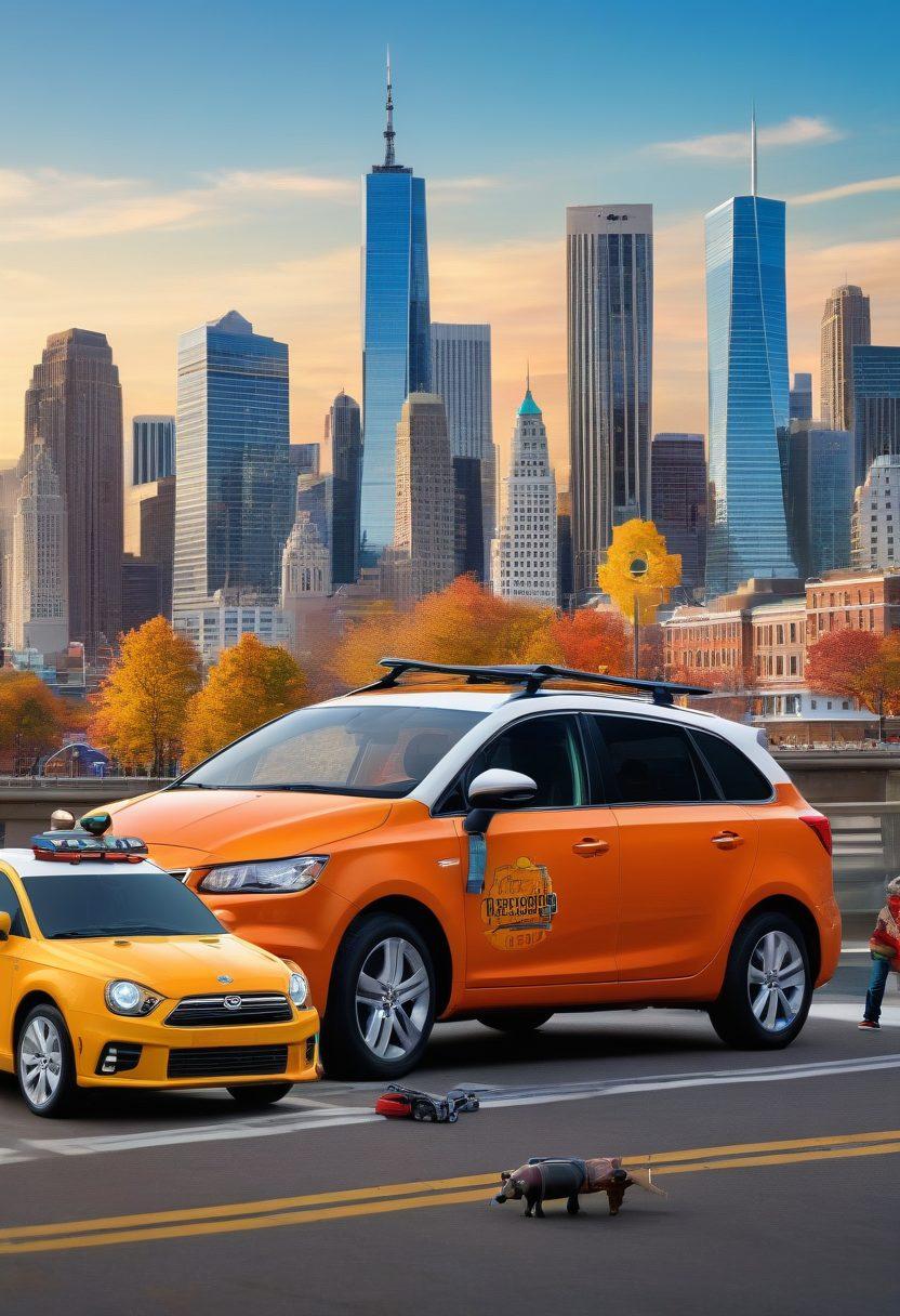 A montage of affordable vehicle protection solutions, including a car shield, tire locks, and a steering wheel lock, set against a backdrop of a vibrant city skyline. The image should convey a sense of safety and security while highlighting budget-friendly options. Include a piggy bank to symbolize cost-effectiveness and a happy family enjoying their secure vehicle. super-realistic. vibrant colors. minimalistic background.